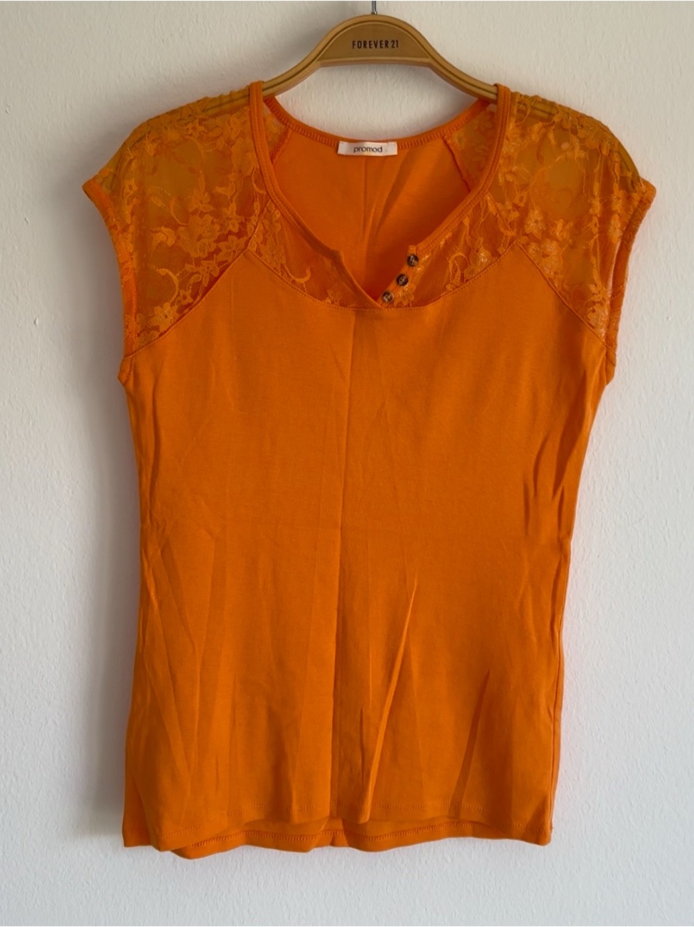 Vintage Y2K Promod Shirt Lace Floral Orange Euro Summer Fairy Basic Top Spring